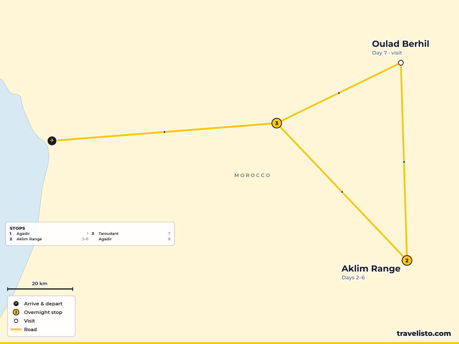 Map of the 8-day trek from Agadir to Taroudant, Irghem, Tagdicht, Jebel Aklim and back to Agadir