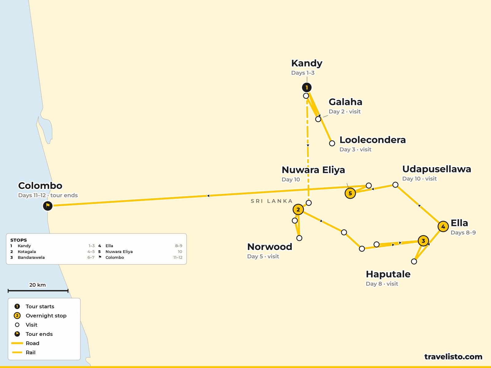 Map of the 12-day route along the Pekoe Trail from Kandy to Norwood, Bandarawela, Ella and Nuwara Eliya
