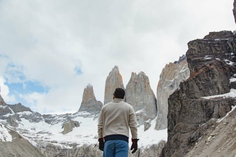 A hiker beneath the towers in Torres del Paine