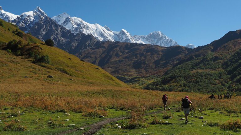 Hikers in the mountains near Adishi, Svaneti