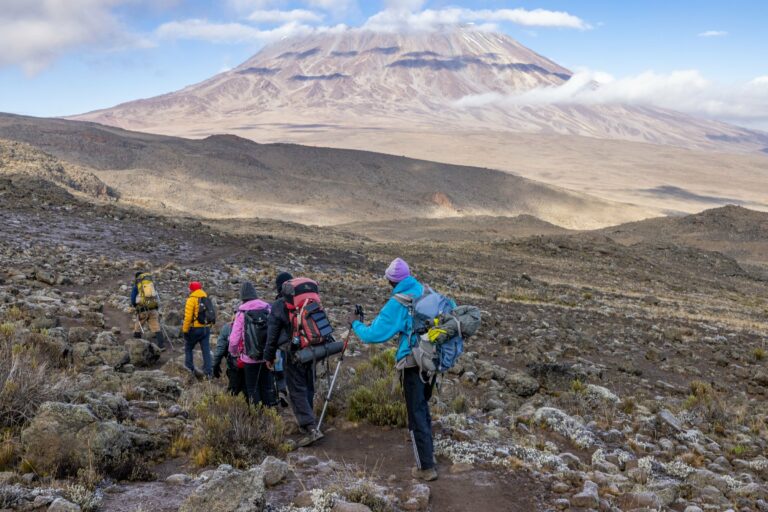 Hikers on the rocky trails of Kilimanjaro