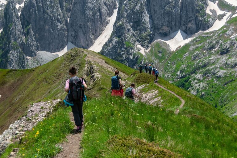 Hikers on a mountain trail in Montenegro