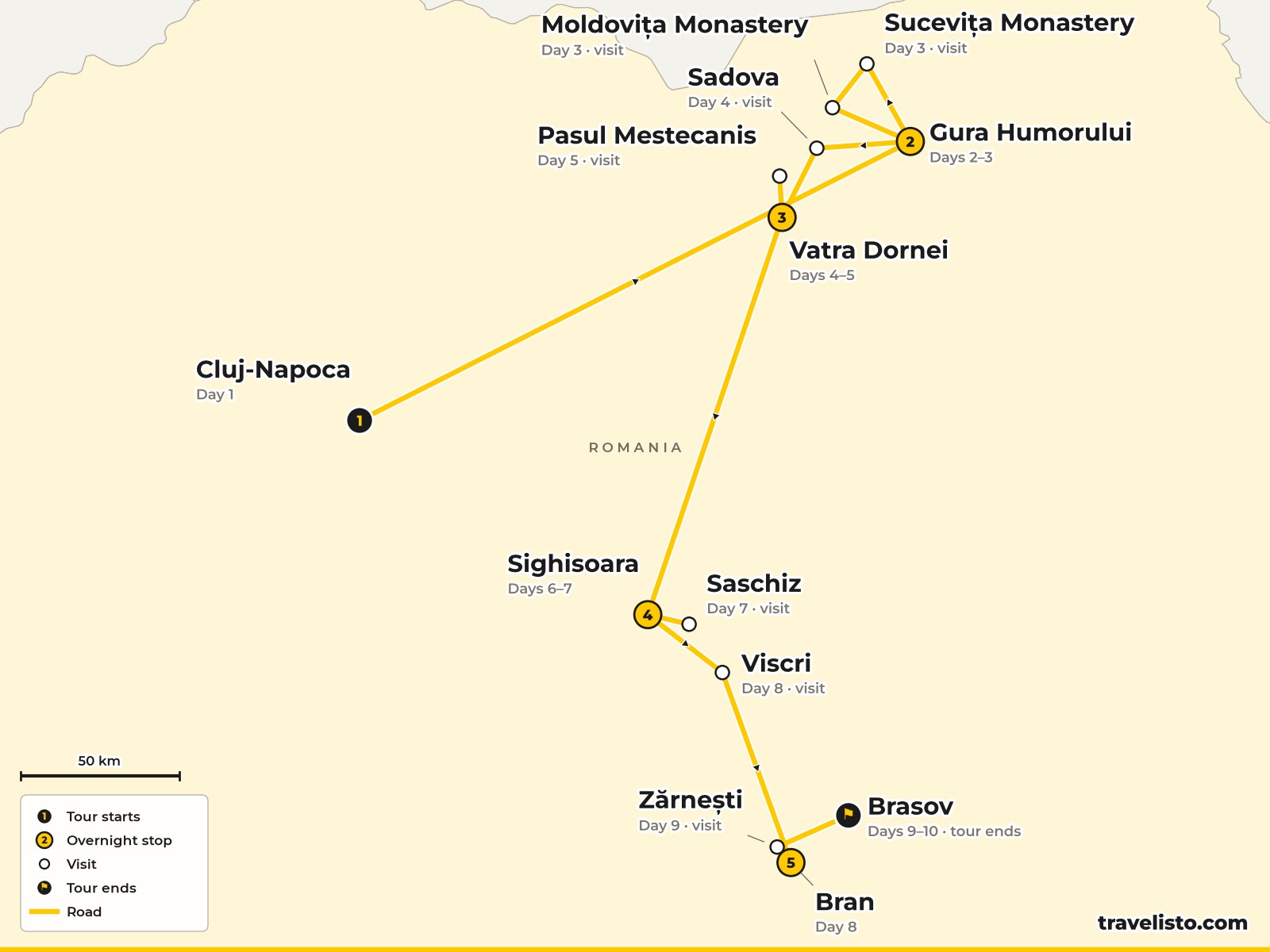 Map of the 10-day route from Cluj-Napoca to Bucovina, Vatra Dornei, Sighisoara, Bran and Brasov
