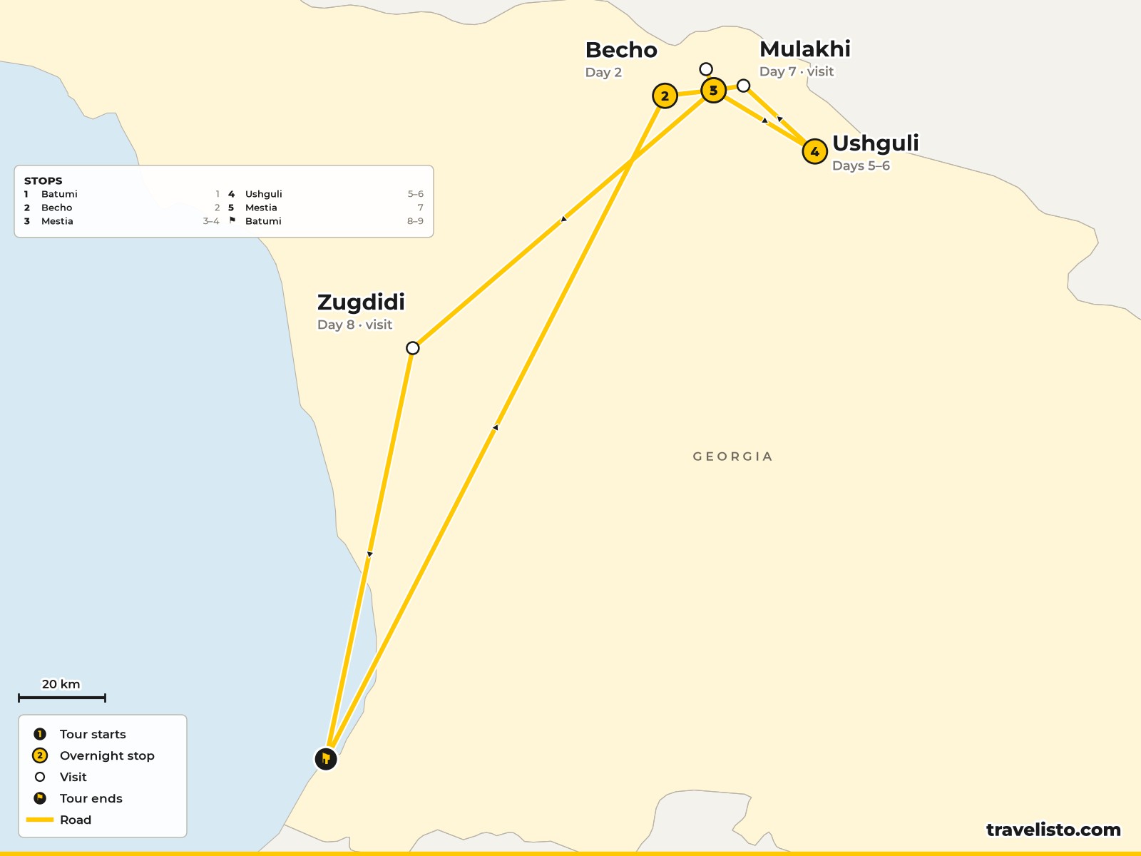 Map of the 9-day hiking route from Batumi into Svaneti, Mestia and Ushguli