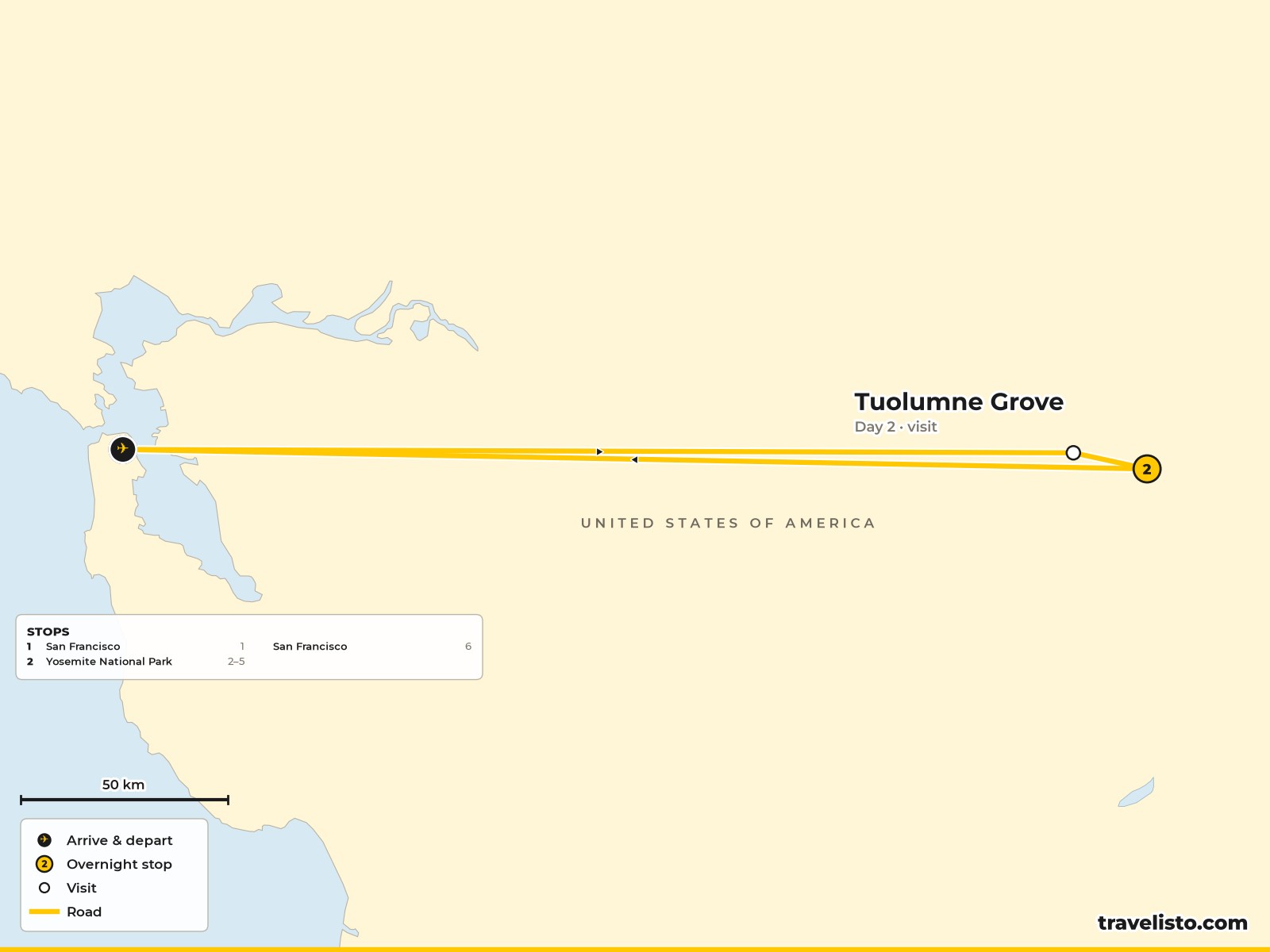 Map of the 6-day route from San Francisco to Yosemite National Park and back