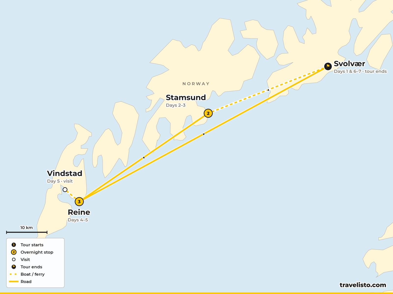 Map of the 7-day Lofoten hiking route from Svolvær to Stamsund and Reine