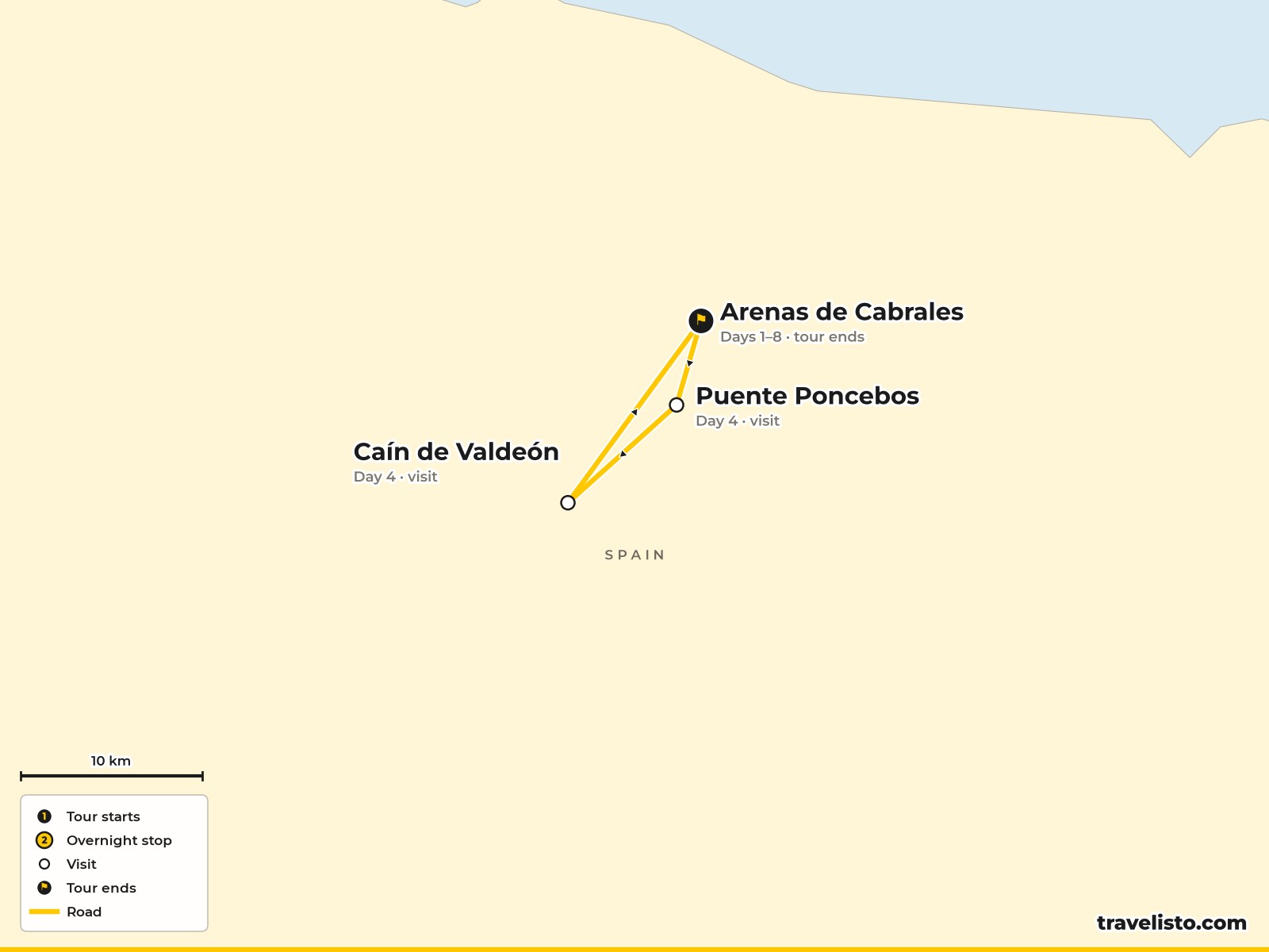 Map of the 8-day Picos de Europa hiking holiday based in Arenas de Cabrales