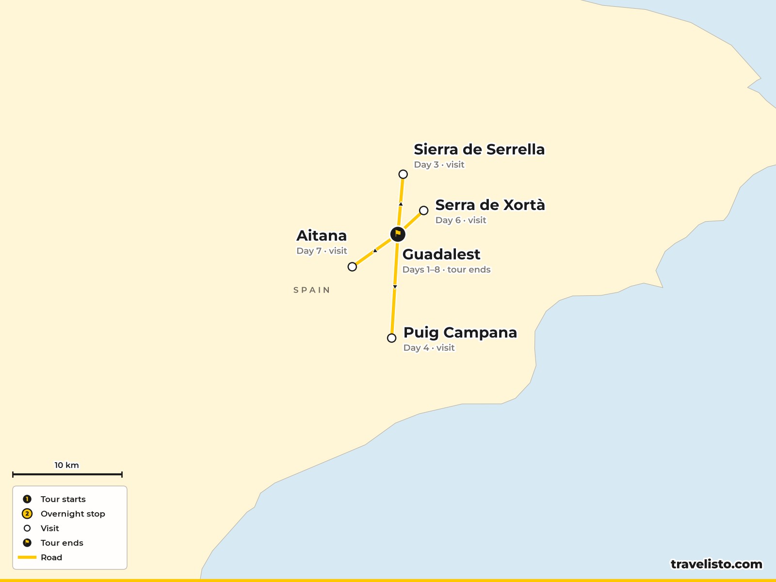 Map of the 8-day hiking holiday based in the Guadalest Valley