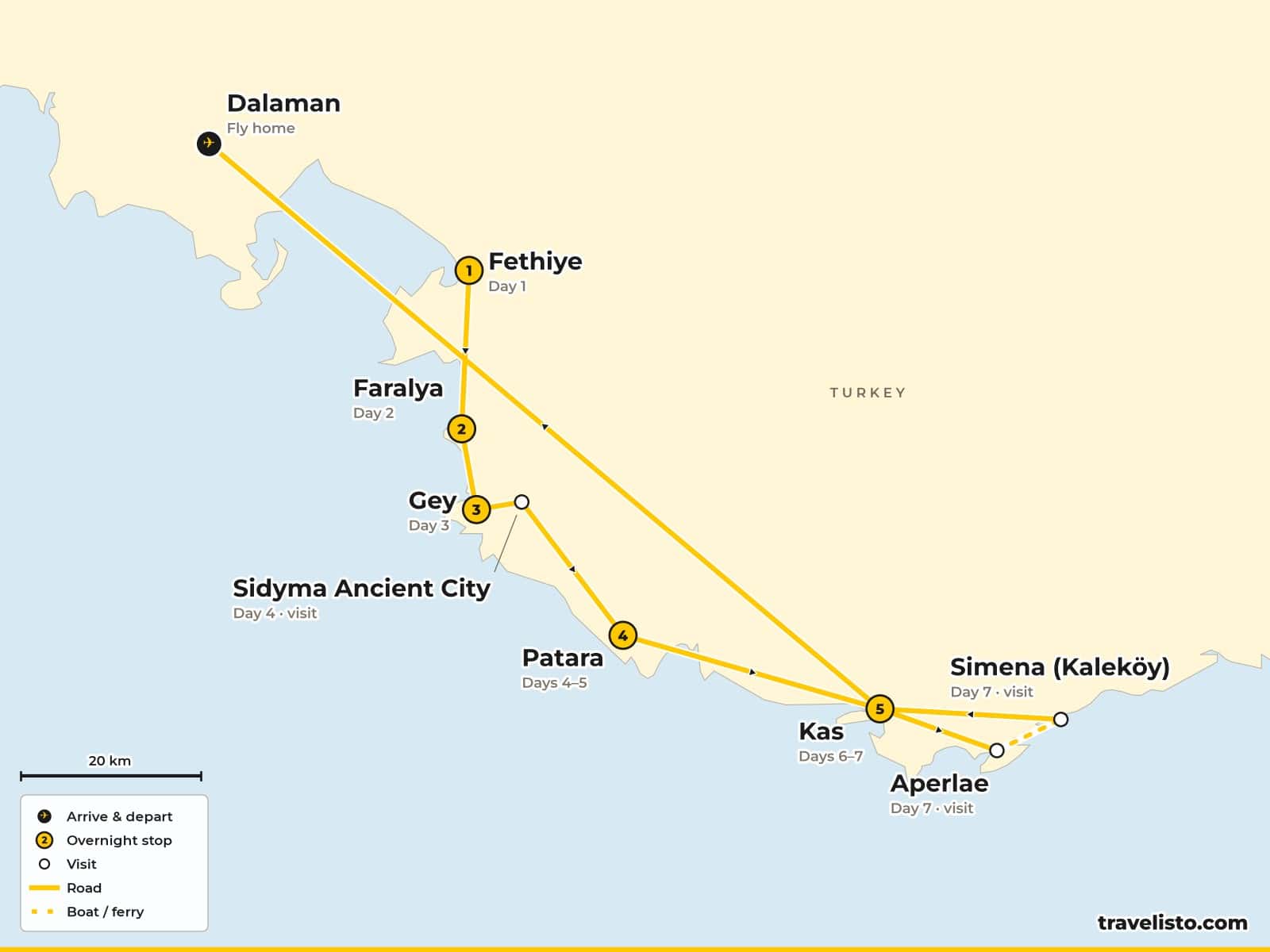 Map of the 8-day walk along the Lycian Way from Fethiye via Faralya, Gey, Sidyma and Patara to Kaş and Kekova