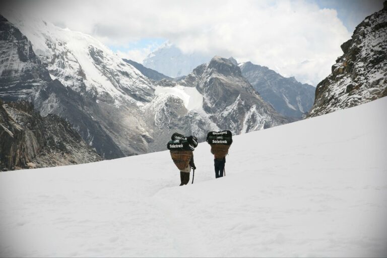 Trekkers crossing snow high in the Himalaya