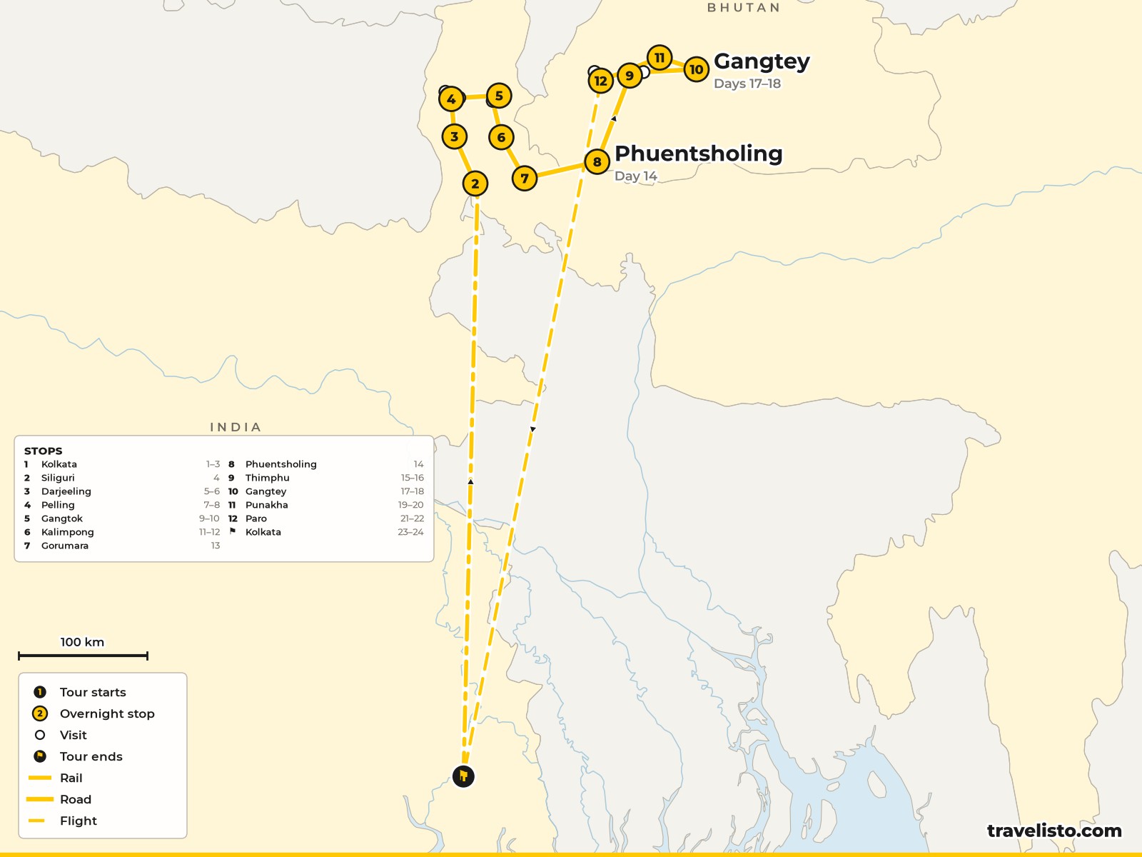 Map of the 24-day route from Kolkata to Darjeeling, Pelling, Gangtok, Kalimpong, Gorumara, Thimphu, Gangtey, Punakha and Paro