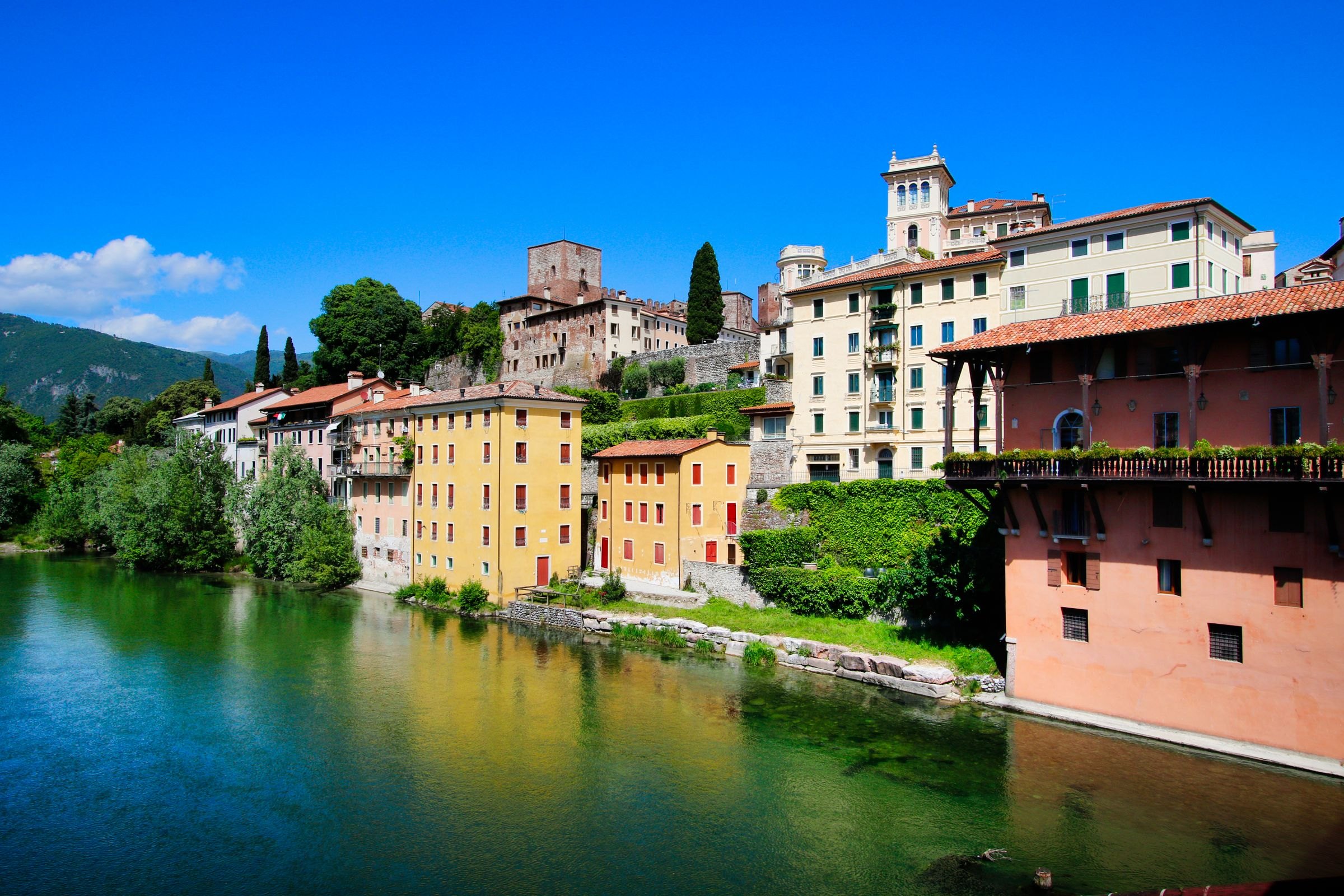 Historic houses along the Brenta River in Bassano del Grappa