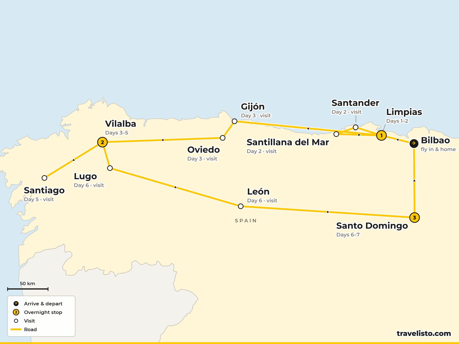 Map of the 8-day route from Bilbao to Limpias, Vilalba, Santiago and Santo Domingo de la Calzada
