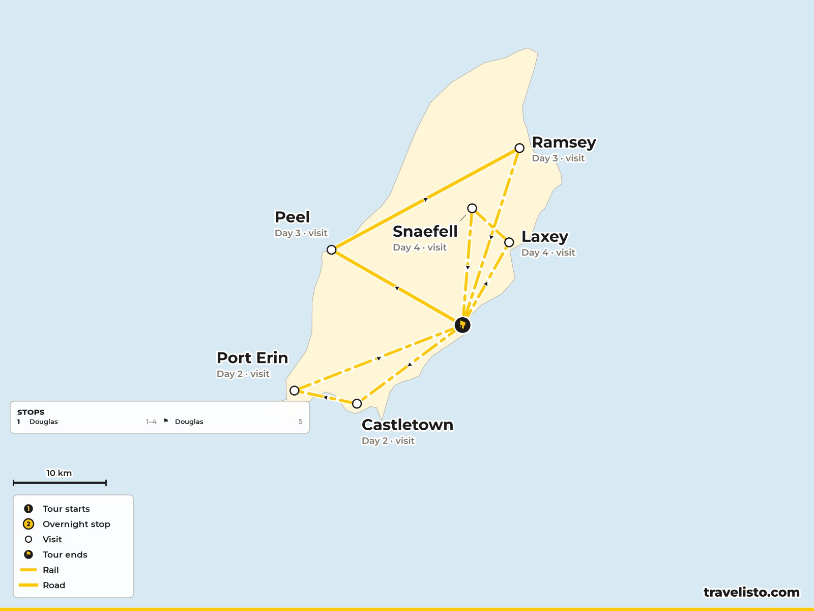 Map of the Isle of Man showing Douglas, Castletown, Port Erin, Peel, Laxey and Snaefell