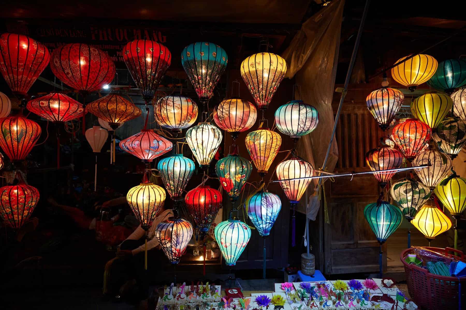 Paper lanterns lit up at the Hoi An night market