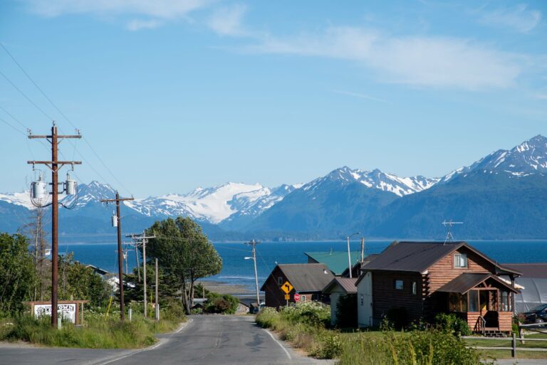 Homer below snow-capped mountains