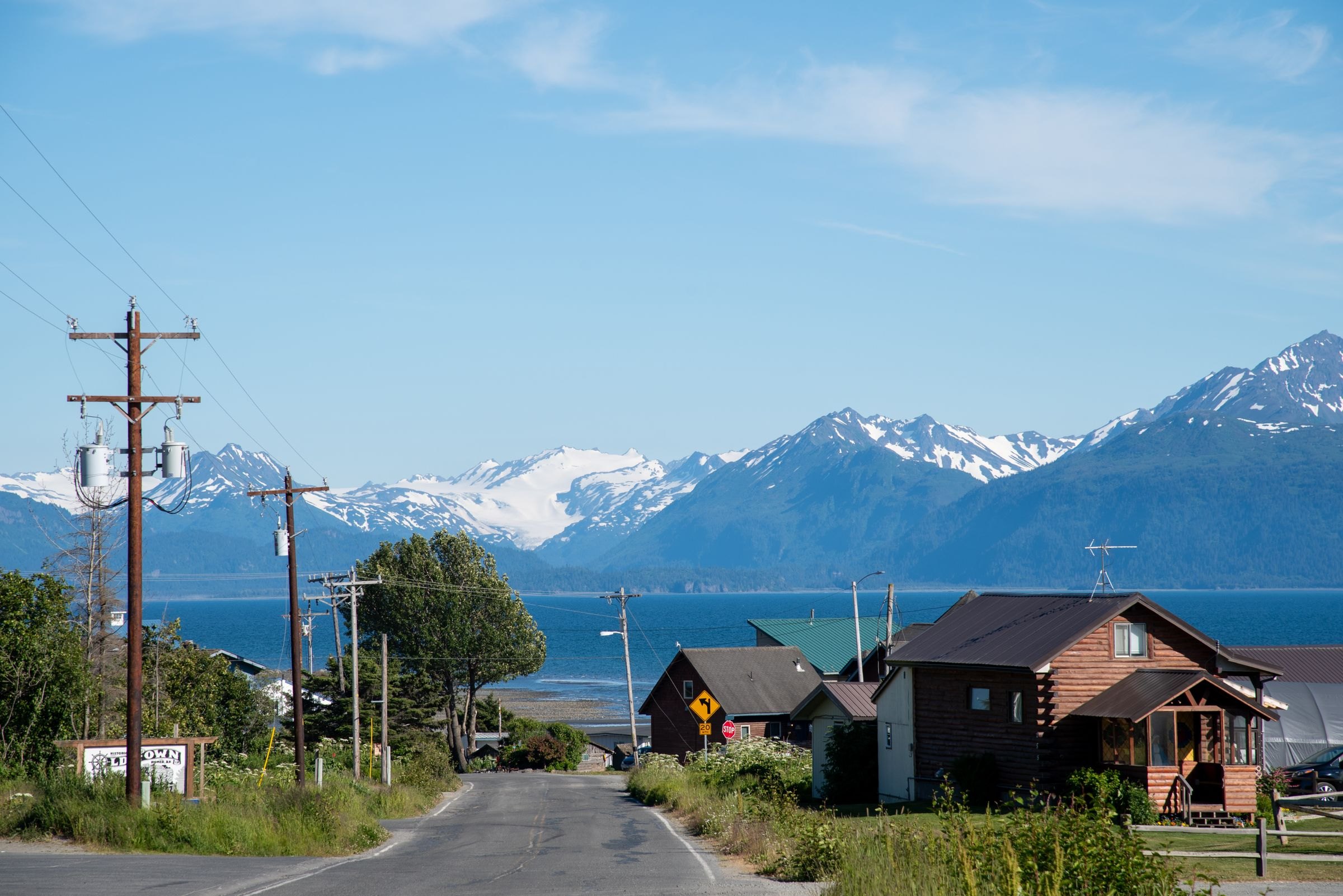 Homer below snow-capped mountains