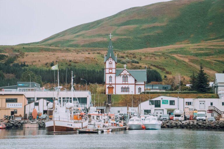 Húsavík harbour and its wooden church