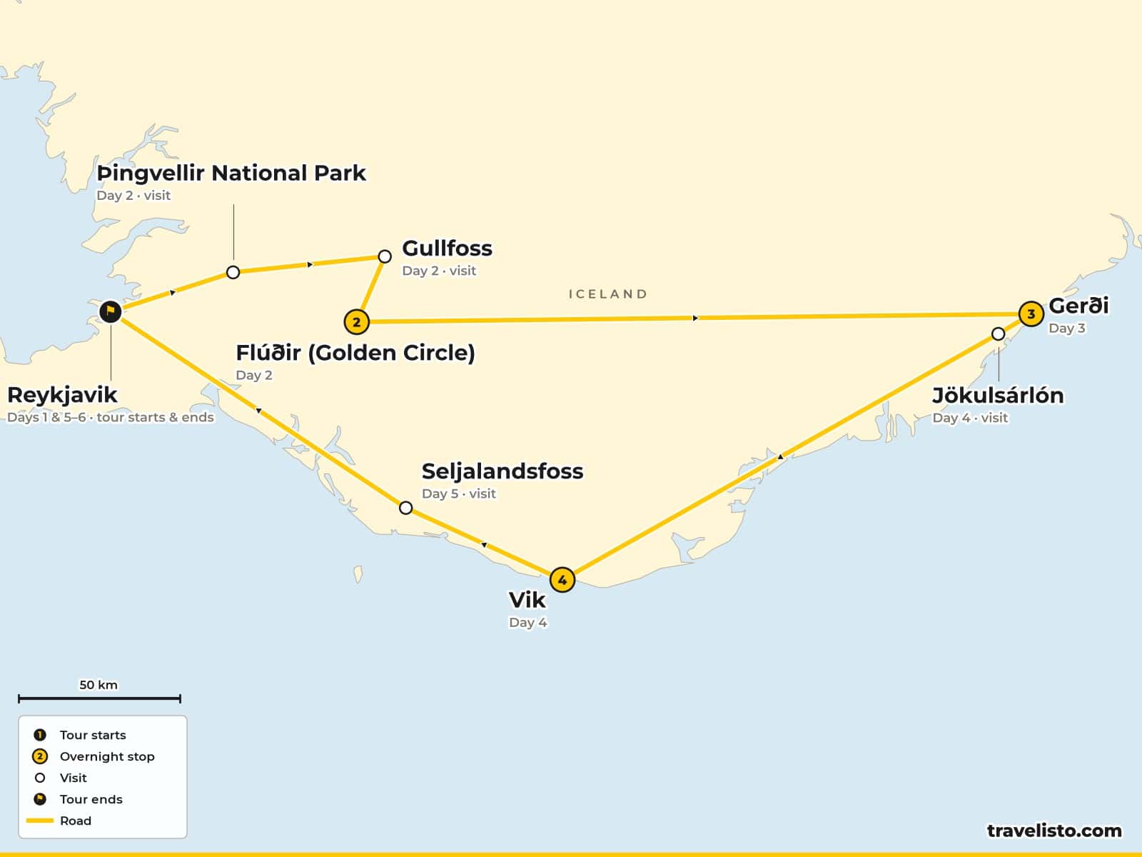 Map of the 6-day trip from Reykjavik around the Golden Circle and along the south coast to Vatnajökull National Park and Vík, returning to Reykjavik