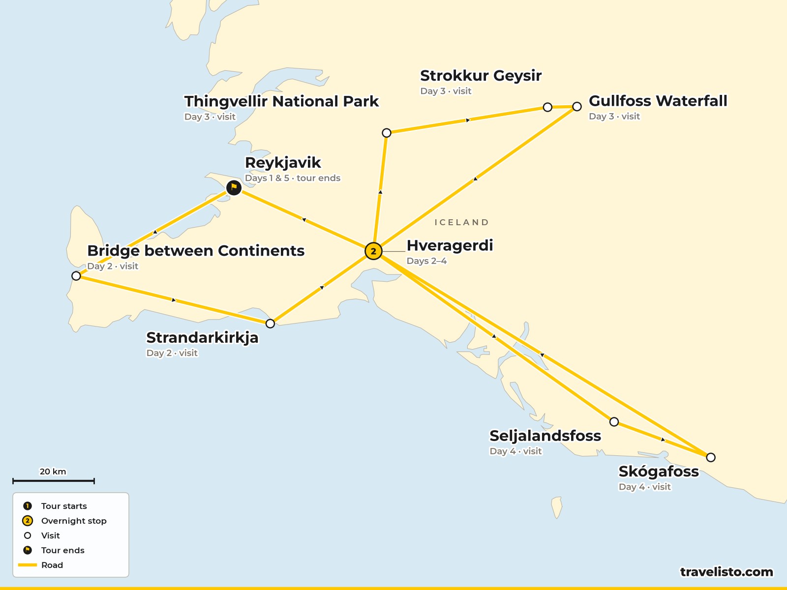 Map of the 5-day route from Reykjavik to Reykjanes, the Golden Circle and Hvolsvöllur