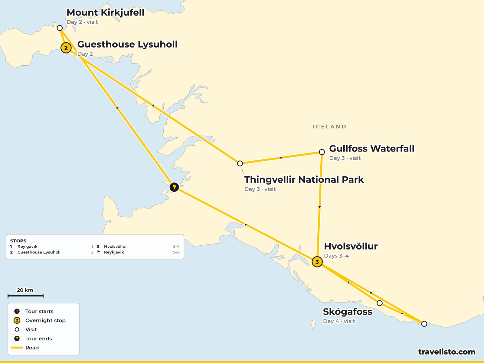 Map of the 6-day family route from Reykjavik to Snæfellsnes, the Golden Circle and the south coast