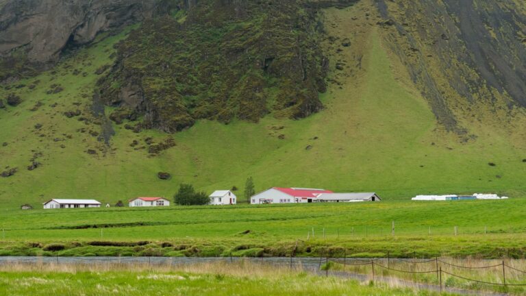 A farm below a green mountain in Iceland
