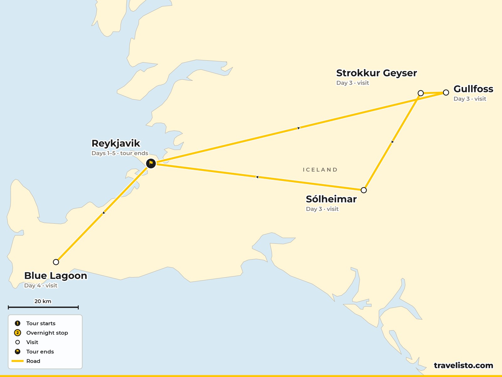 Map of the 5-day Iceland break from Reykjavík to the Golden Circle