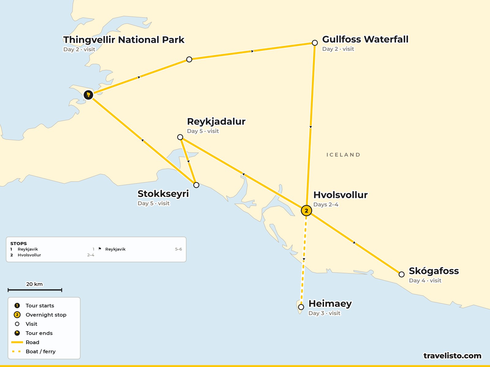 Map of the 6-day active route from Reykjavik to Hvolsvöllur and the Westman Islands