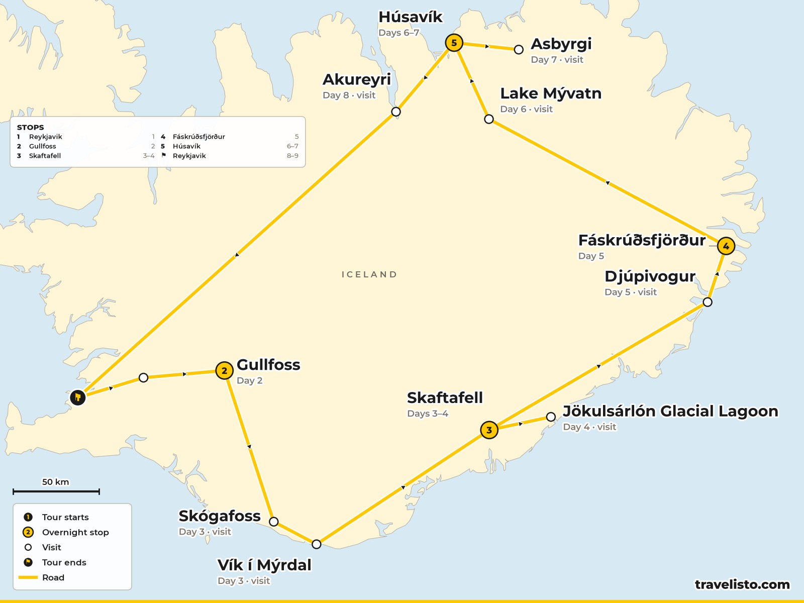 Map of the 9-day route around Iceland from Reykjavík via Skaftafell, the Eastern Fjords and Húsavík