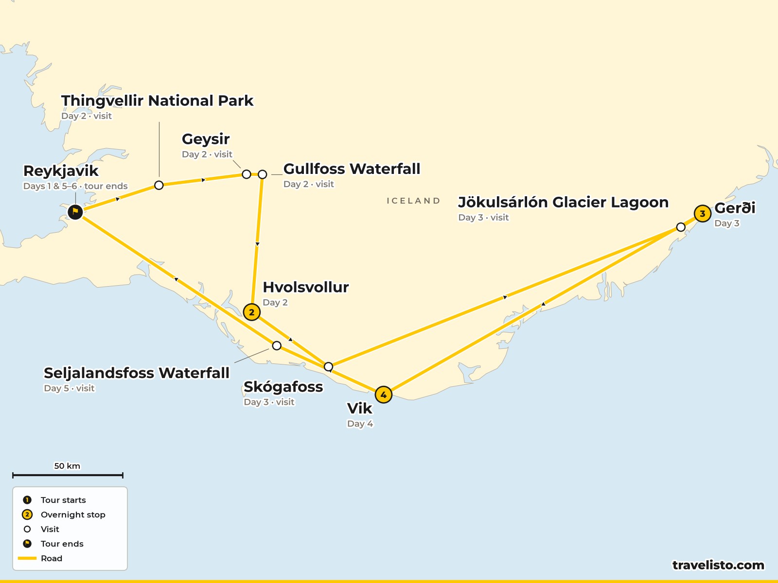 Map of the 6-day route from Reykjavik along the Golden Circle and south coast to Vatnajökull