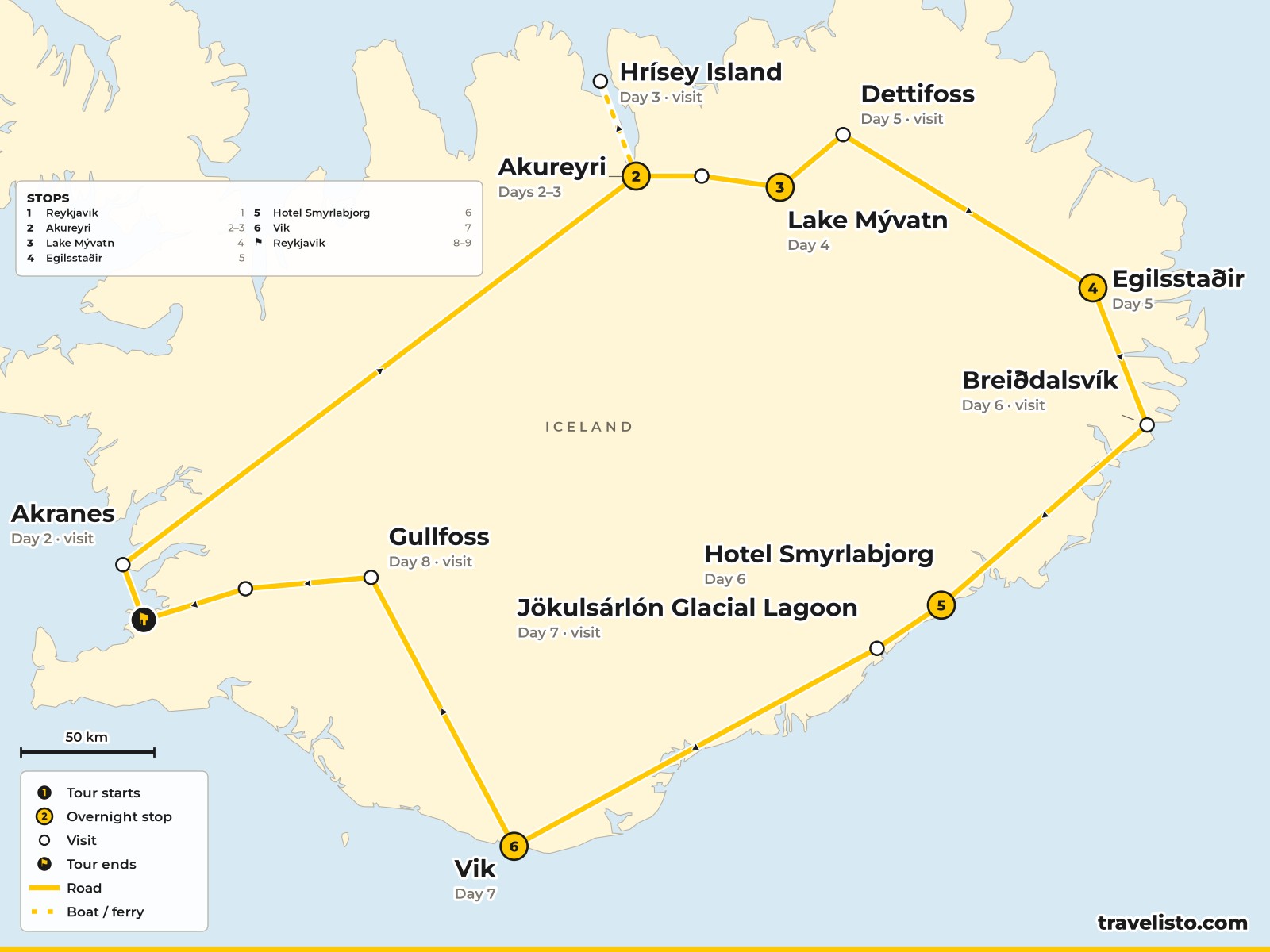 Map of the 9-day winter route around Iceland from Reykjavík via Akureyri, Mývatn and Höfn