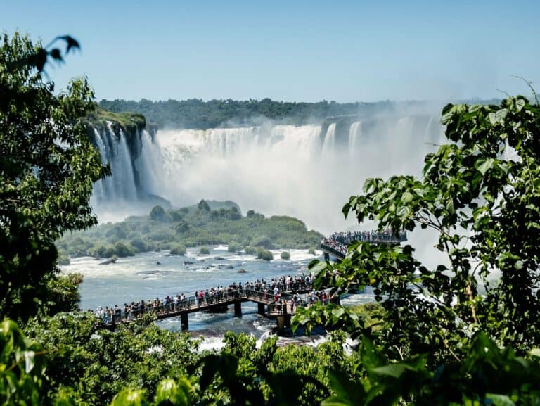 Visitors on a walkway at Iguazú Falls