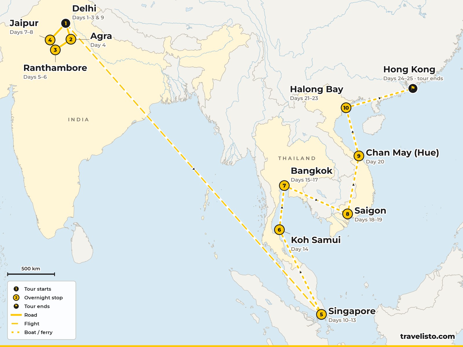 Map of the 26-day route from Delhi to Agra, Ranthambore and Jaipur, then by sea from Singapore to Koh Samui, Bangkok, Saigon, Ha Long Bay and Hong Kong