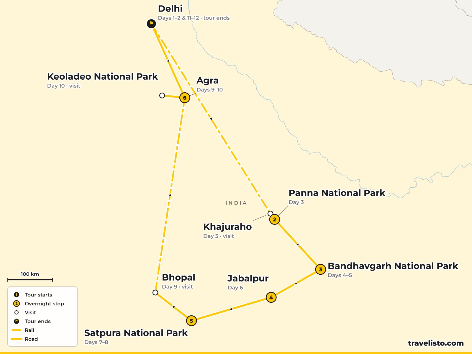 Map of the 12-day safari route from Delhi to Panna, Bandhavgarh, Satpura and Agra