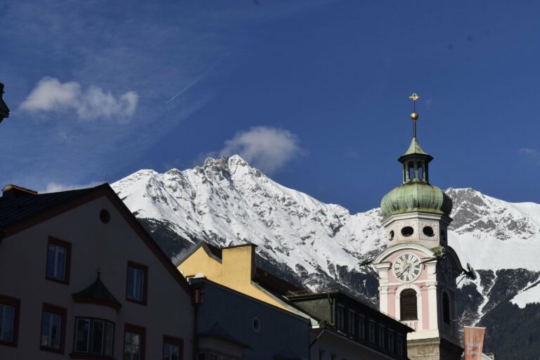 Innsbruck's old town below the snowy Alps