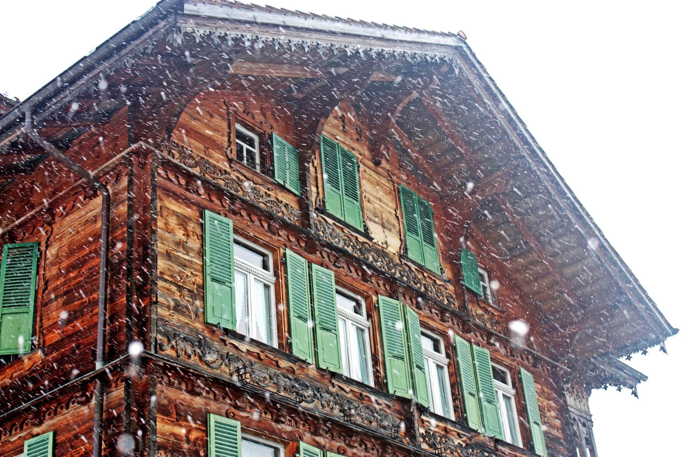 A wooden chalet in Interlaken in the snow