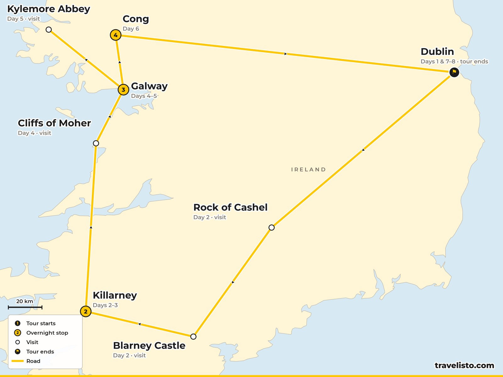 Map of the 8-day route from Dublin to Killarney, Galway, Cong and back