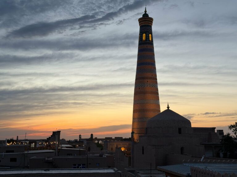 The Islam Khodja minaret in Khiva at sunset