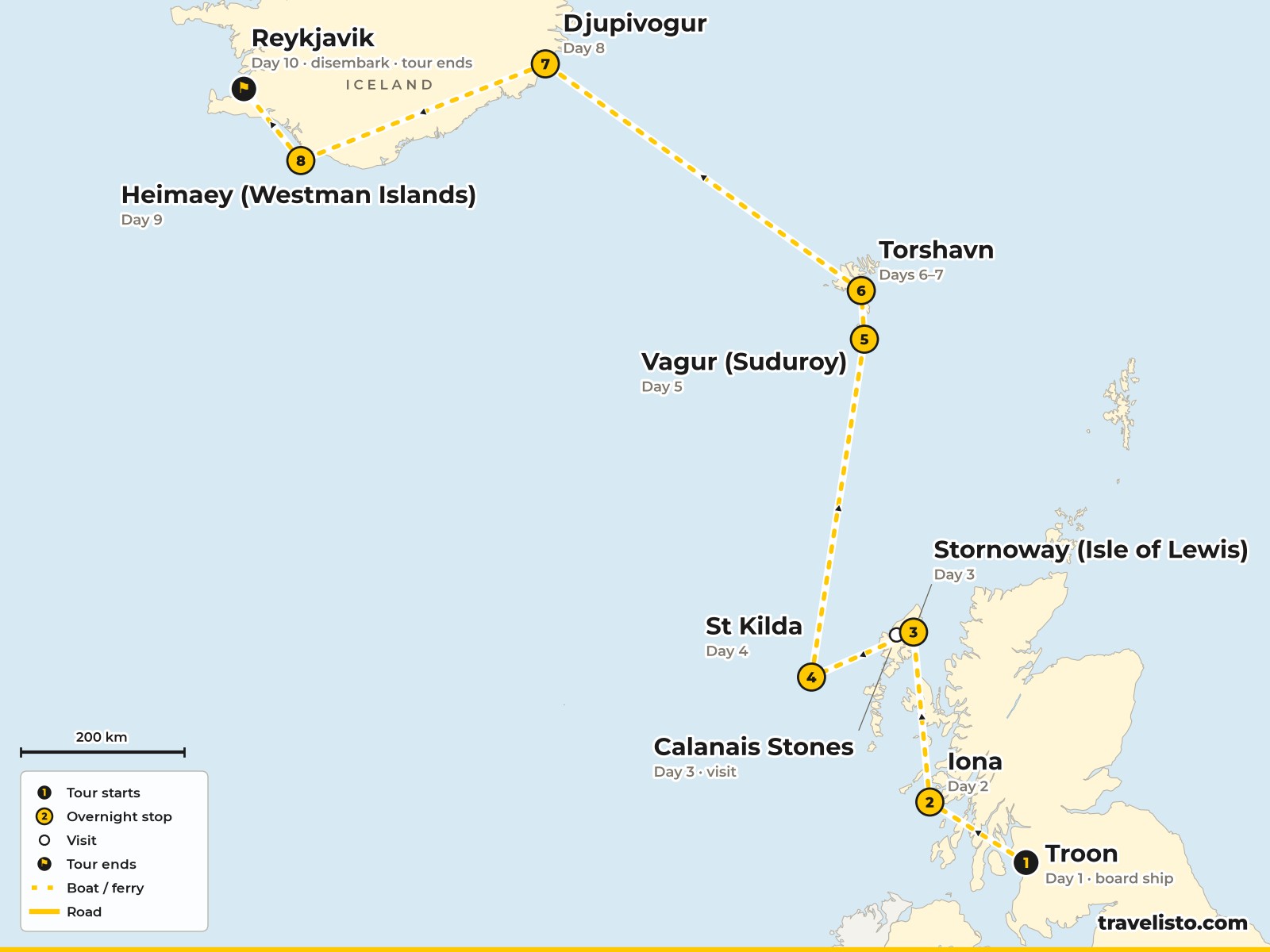 Map of the 10-day cruise from Troon to Iona, Lewis, St Kilda, the Faroe Islands, Djúpivogur, the Westman Islands and Reykjavik