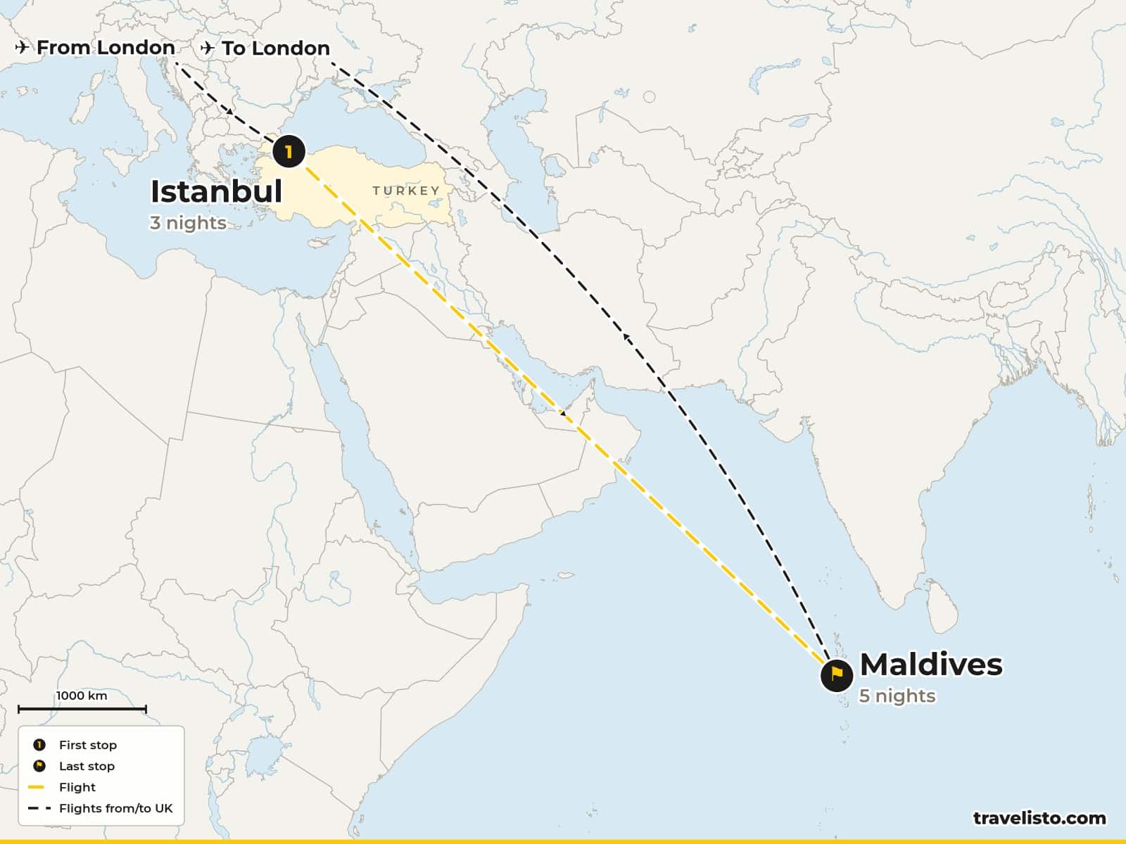 Route map: Istanbul & Maldives