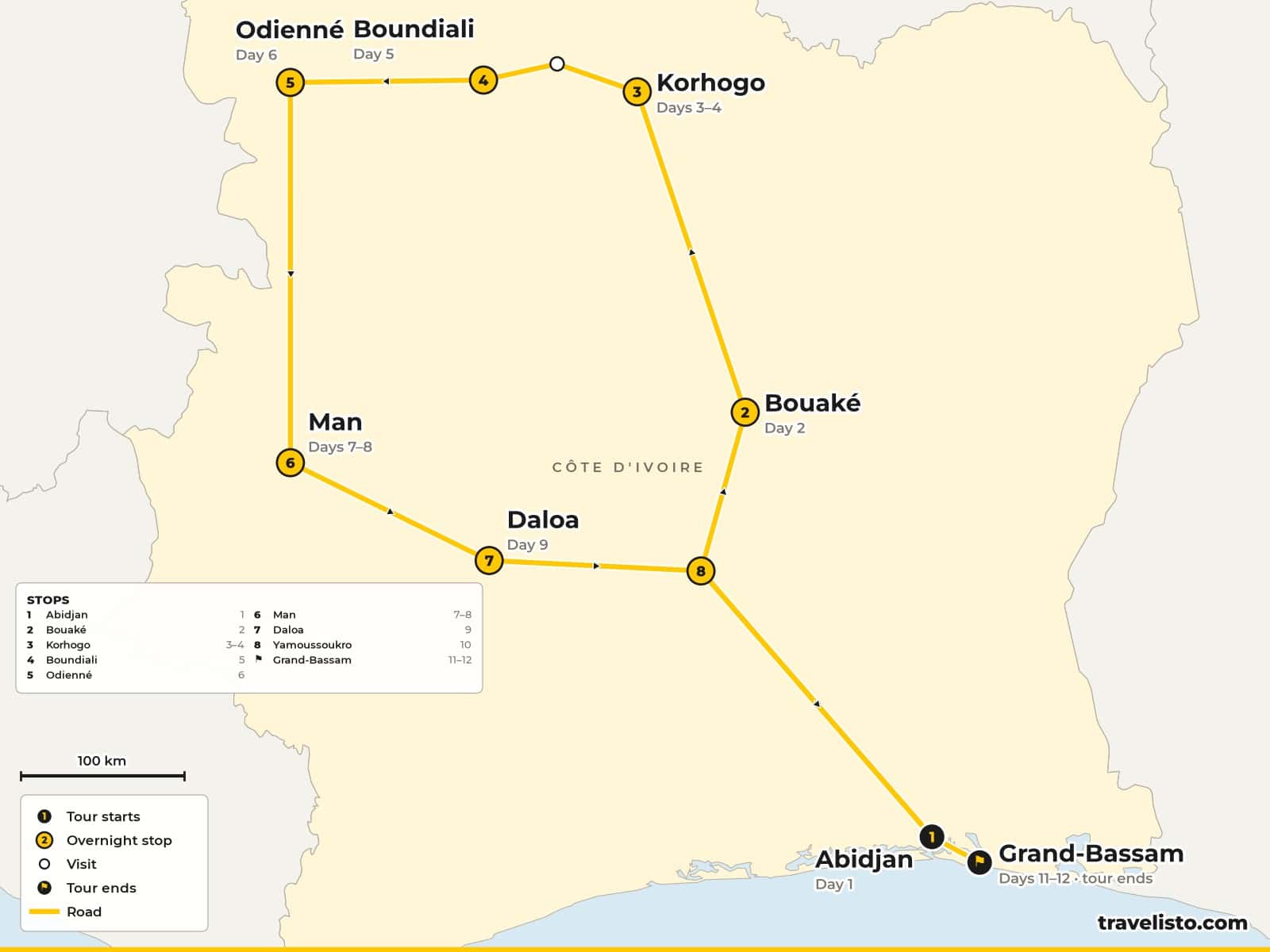 Map of the 13-day tour from Abidjan north to Korhogo, west to Man and back via Yamoussoukro to Grand-Bassam