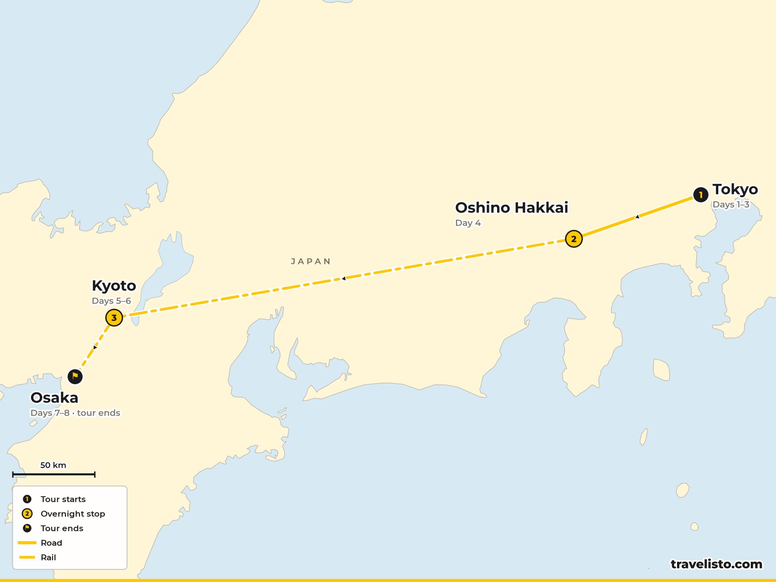 Map of the 8-day family route from Tokyo to Mount Fuji, Kyoto and Osaka