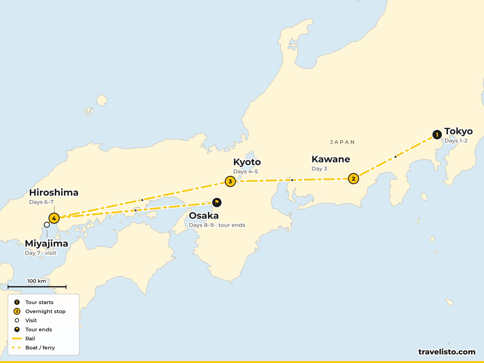 Map of the 9-day route from Tokyo to Kawane, Kyoto, Hiroshima and Osaka