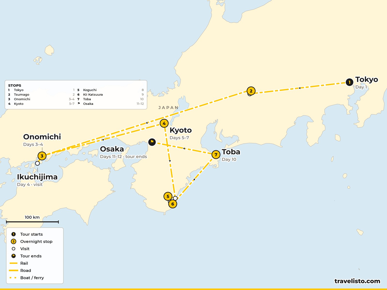 Map of the 12-day route from Tokyo to Tsumago, Onomichi, Kyoto, the Kii Peninsula, Toba and Osaka