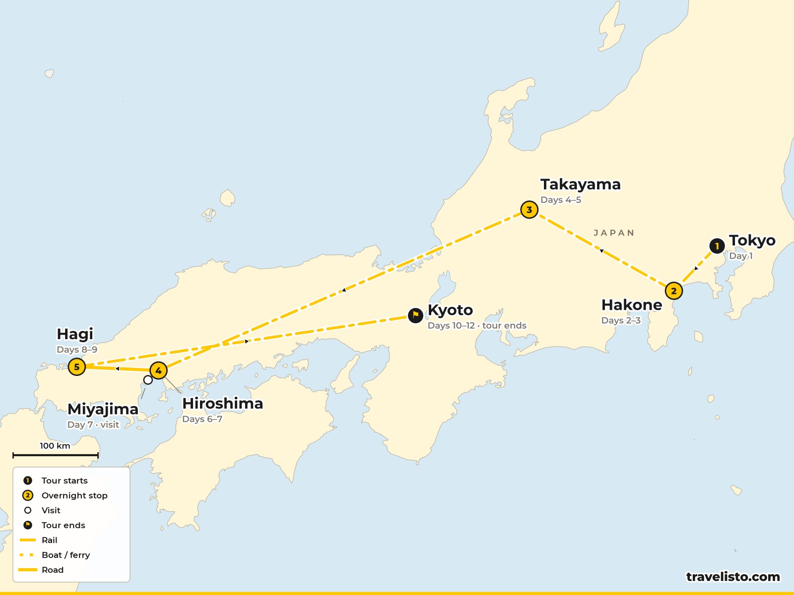 Map of the 12-day route from Tokyo to Hakone, Takayama, Hiroshima, Hagi and Kyoto
