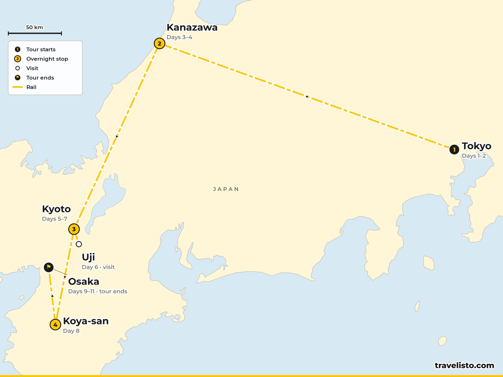 Map of the 11-day route from Tokyo to Kanazawa, Kyoto, Koya-san and Osaka