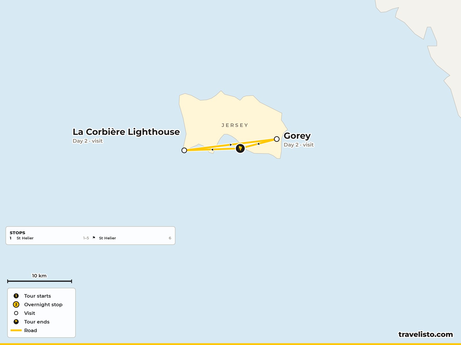Map of Jersey showing St Helier, the War Tunnels, Elizabeth Castle and La Corbiere