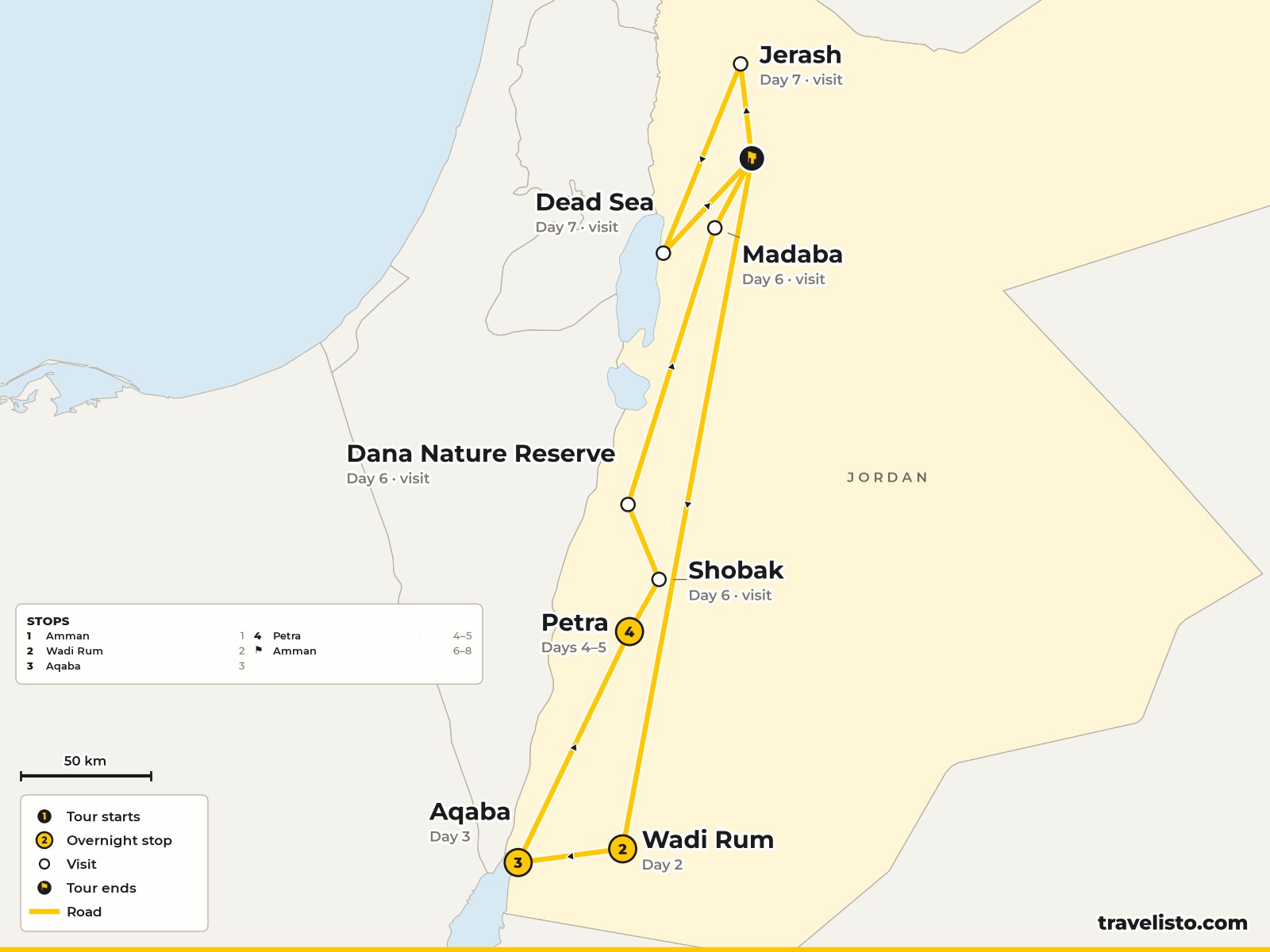 Map of the 8-day route from Amman to Wadi Rum, Aqaba, Petra and the Dead Sea