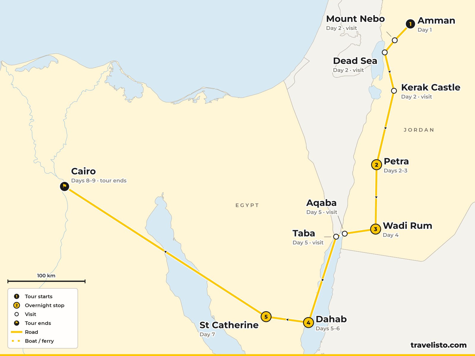 Map of the 9-day route from Amman to Mount Nebo, Petra, Wadi Rum, Aqaba, Dahab, St Catherine and Cairo