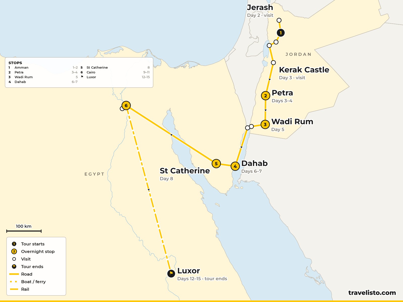 Map of the 15-day route from Amman to Petra, Wadi Rum, Dahab, St Catherine, Cairo and Luxor